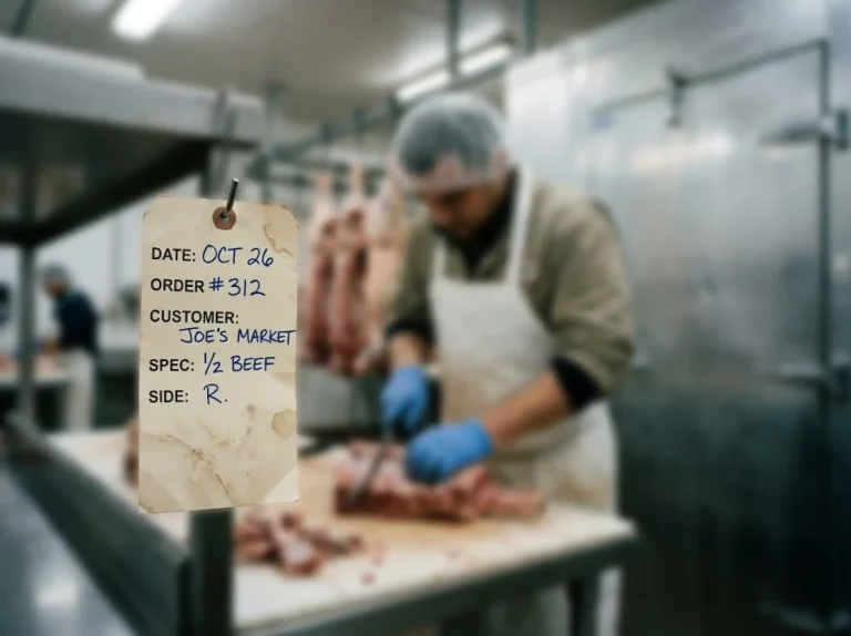 Meat processing software vs. handwritten paper order tag on a plant cutting table