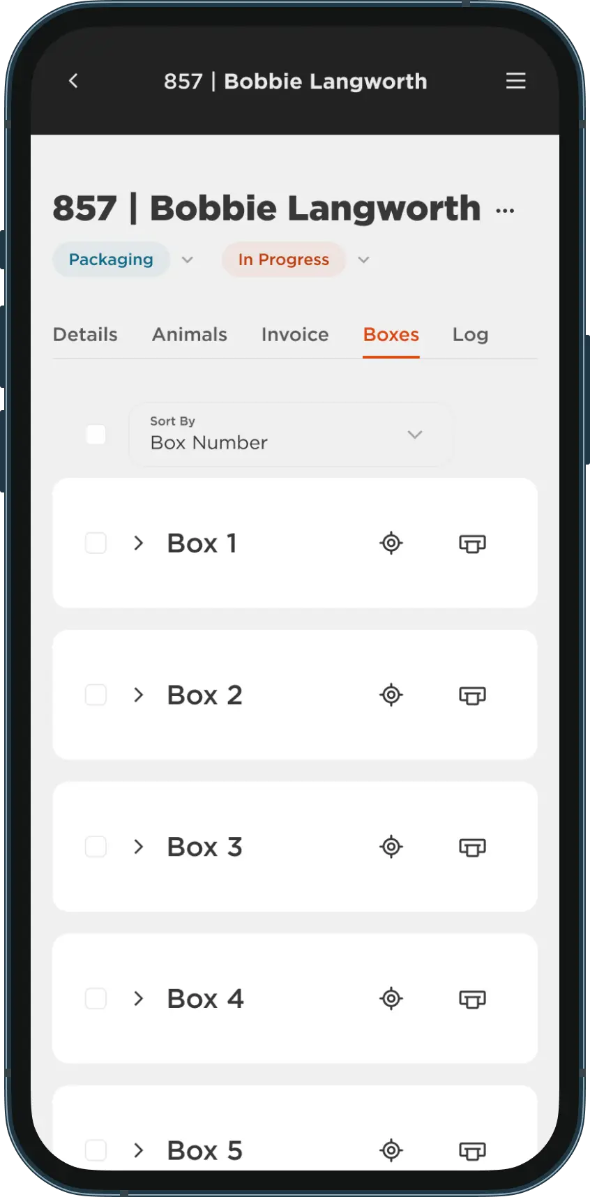Mobile view of a Cleavr order showing the Boxes tab with a list of labeled boxes.