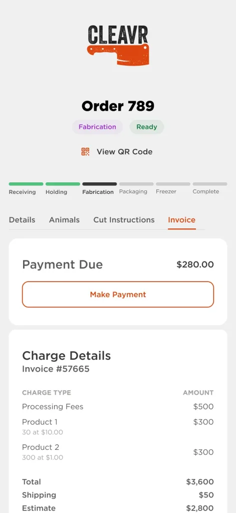 Mobile order view in Cleavr showing order status, payment due, and charge details.