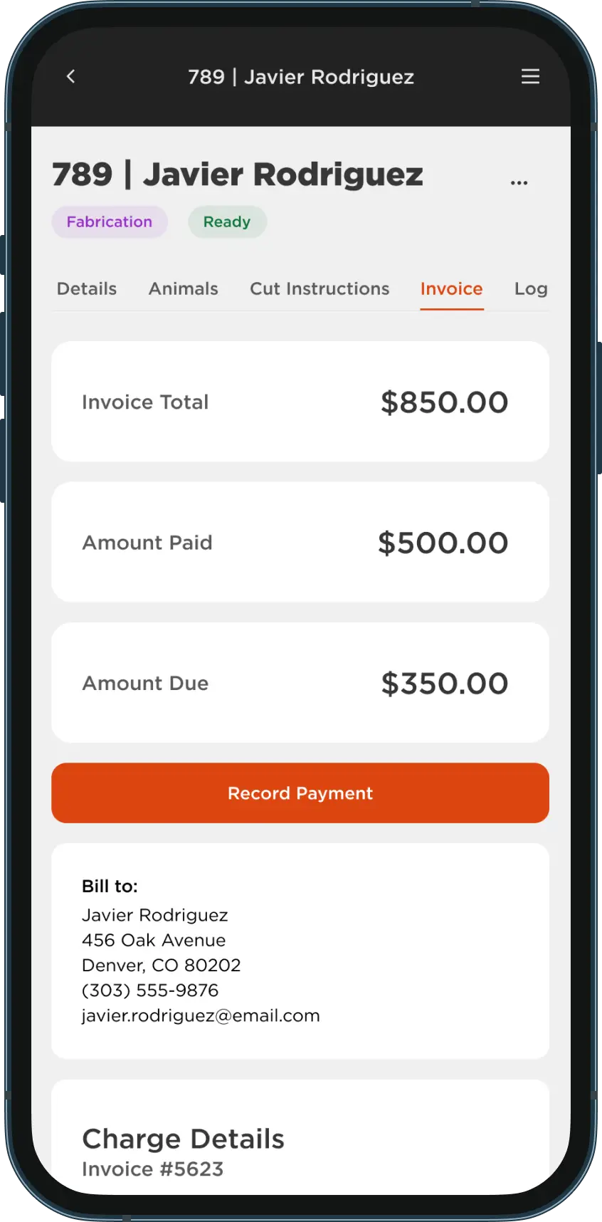 Mobile phone displaying Cleavr’s invoicing screen with payment details and record payment button.