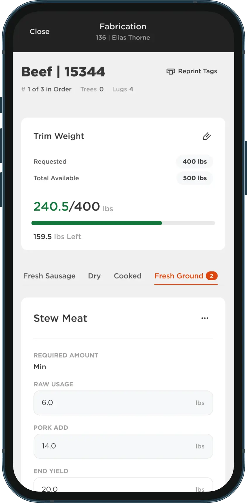 Mobile view of Cleavr’s fabrication screen showing beef order 15344 with trim weight progress and stew meat details.