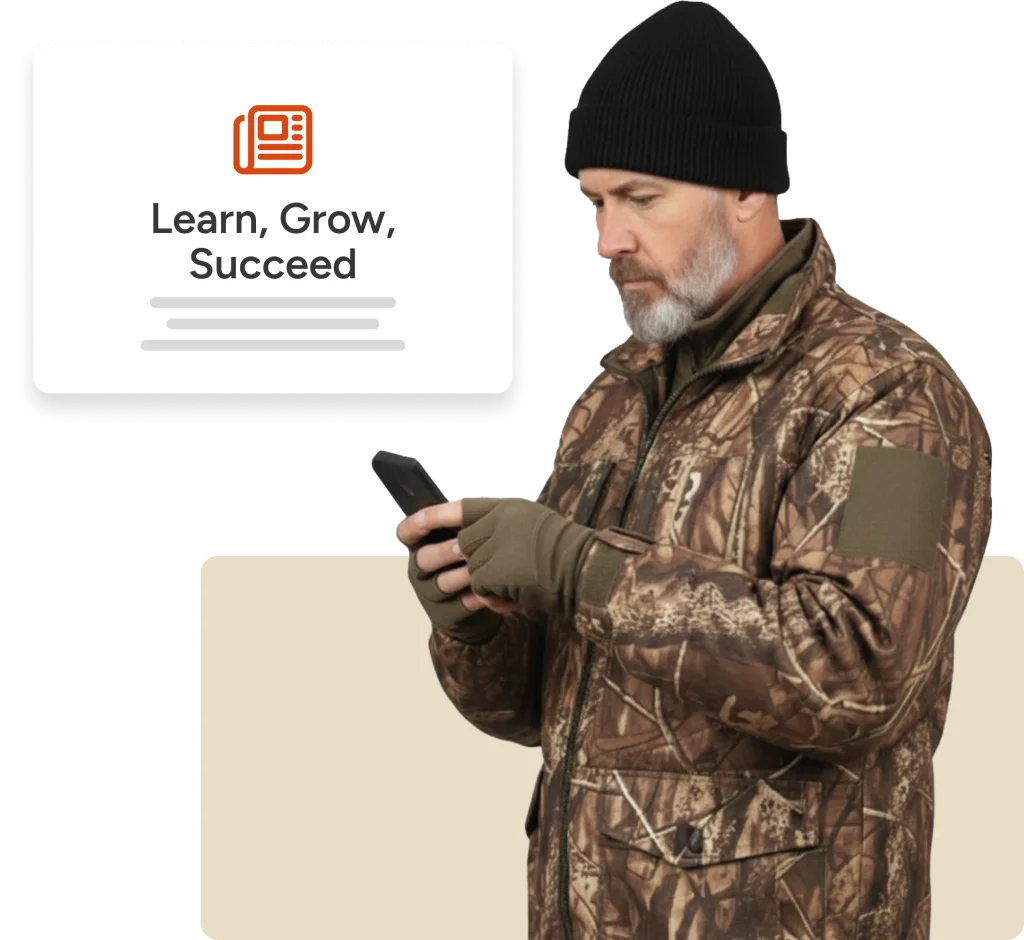 Person in camouflage using a smartphone beside a “Learn, Grow, Succeed” graphic.
