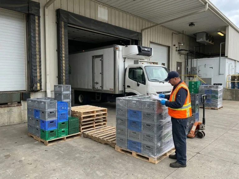 Worker reviewing inventory paperwork at a cold storage loading dock, the kind of food supply chain operation covered by SBA Grocery Guarantee loans