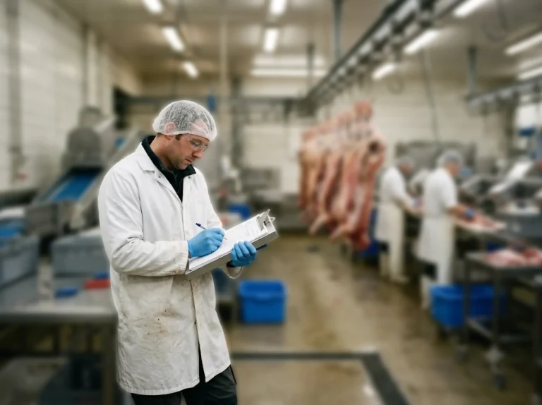 Beef processing worker reviewing plant-floor records for USDA SPUR Program readiness