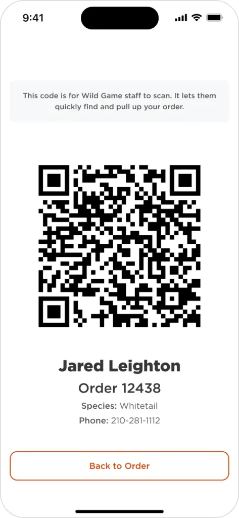 Cleavr mobile screen displaying a QR code for staff to scan and open a whitetail deer processing order