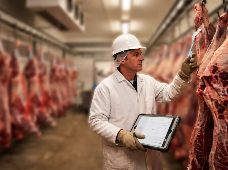 Meat processor reviewing tagged beef carcasses and aging dates in a cooler before fabrication.